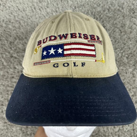 Vintage Budweiser Hat Cap Strap Back One Size Khaki Navy Golf Patriotic Mens 00s - Picture 3 of 10